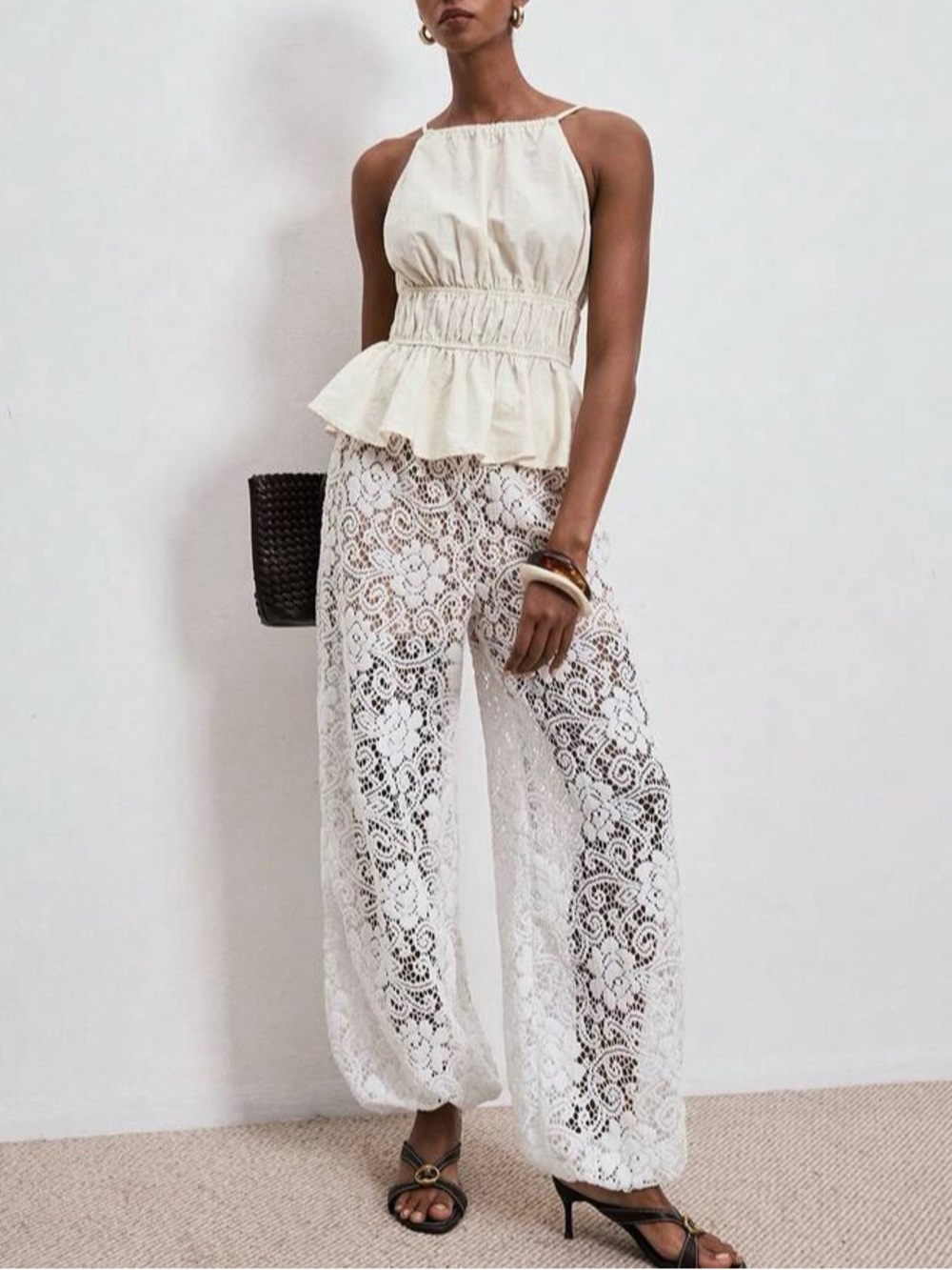 ✨ Lace Semi-Sheer Long Pant- Elegant Flowy Palazzo✨ - Picture 3 of 6